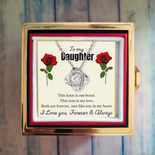 To My Daughter - Love Knot Bond Necklace - Rotating Preserved Rose Gift Box