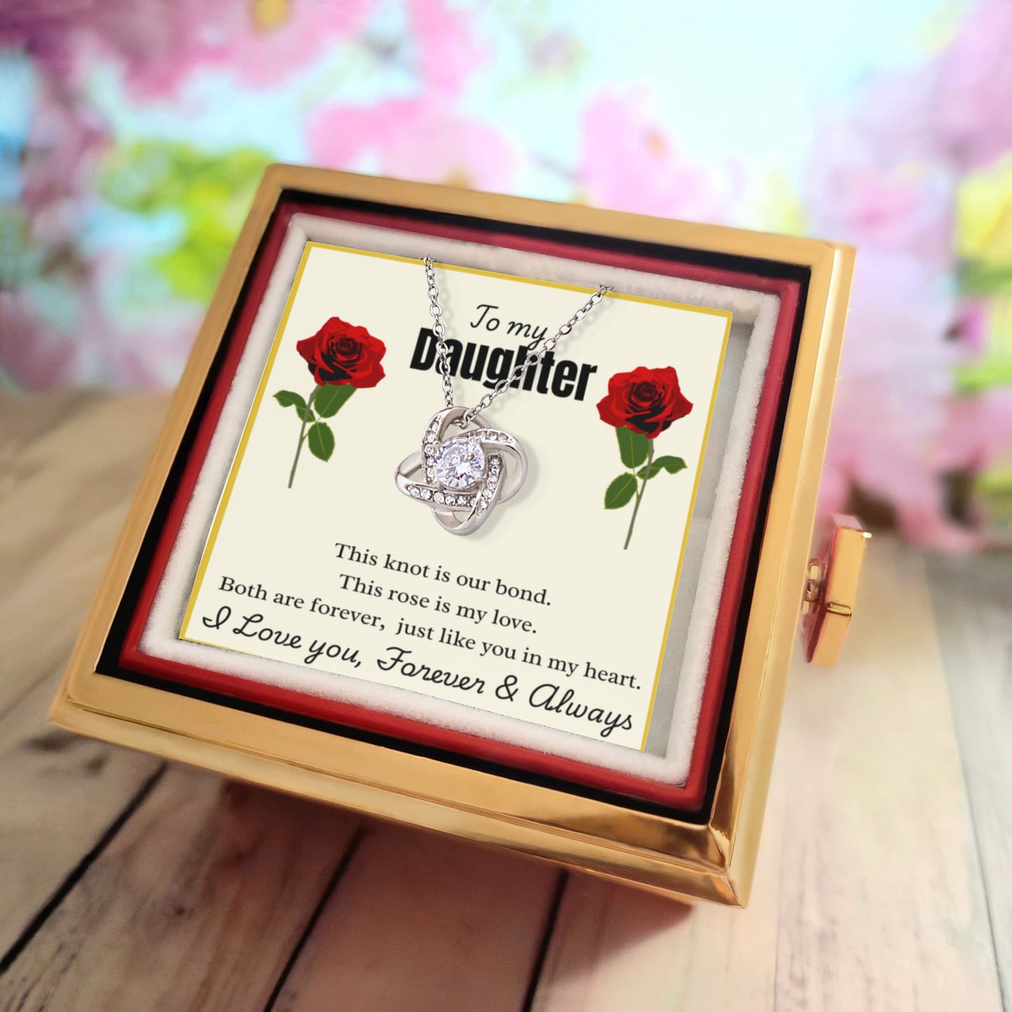 To My Daughter - Love Knot Rose Bond Necklace - Rotating Preserved Rose Gift Box