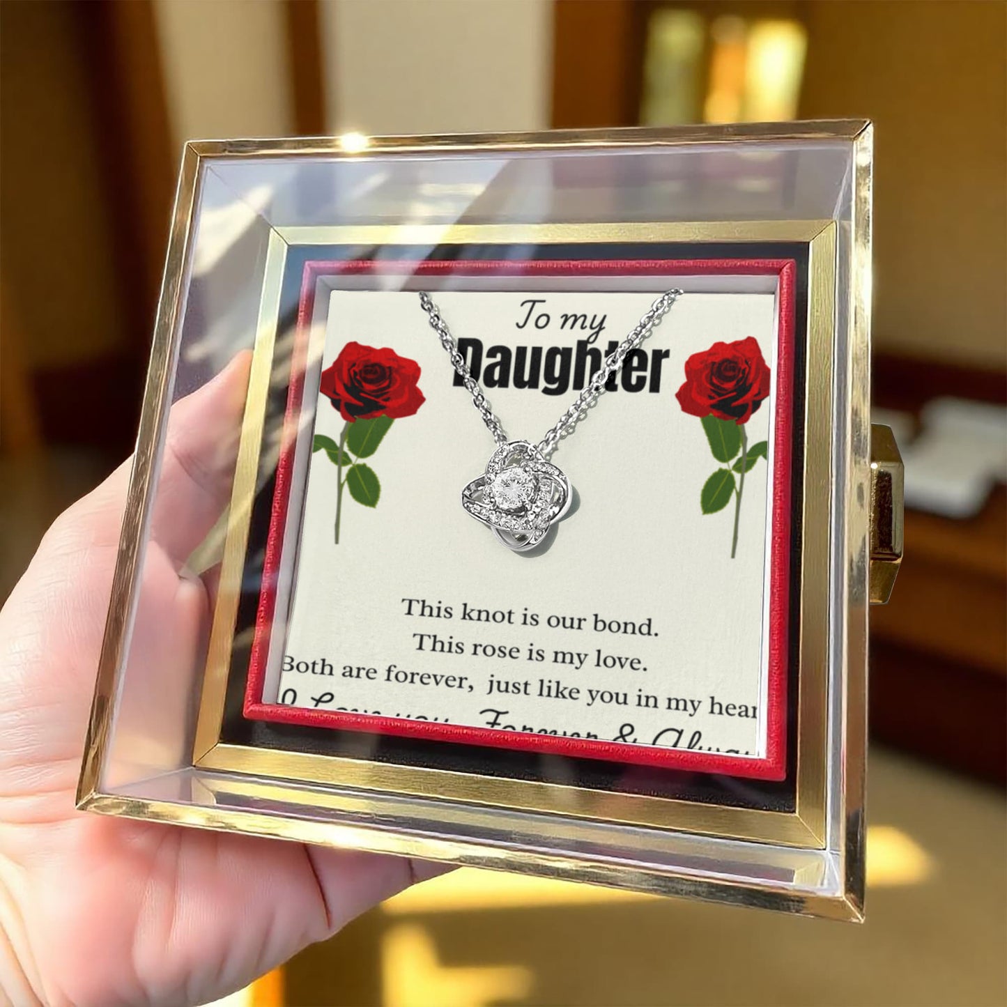 To My Daughter - Love Knot Rose Bond Necklace - Rotating Preserved Rose Gift Box