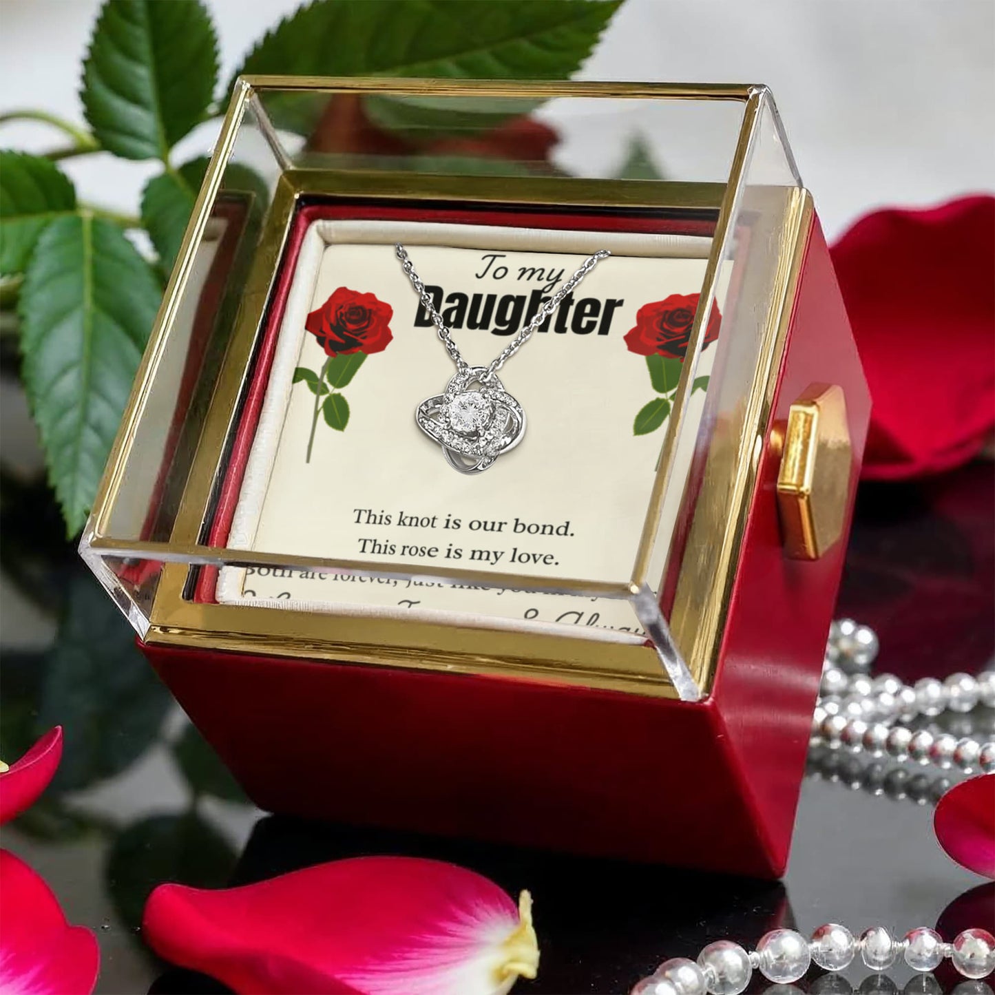 To My Daughter - Love Knot Bond Necklace - Rotating Preserved Rose Gift Box
